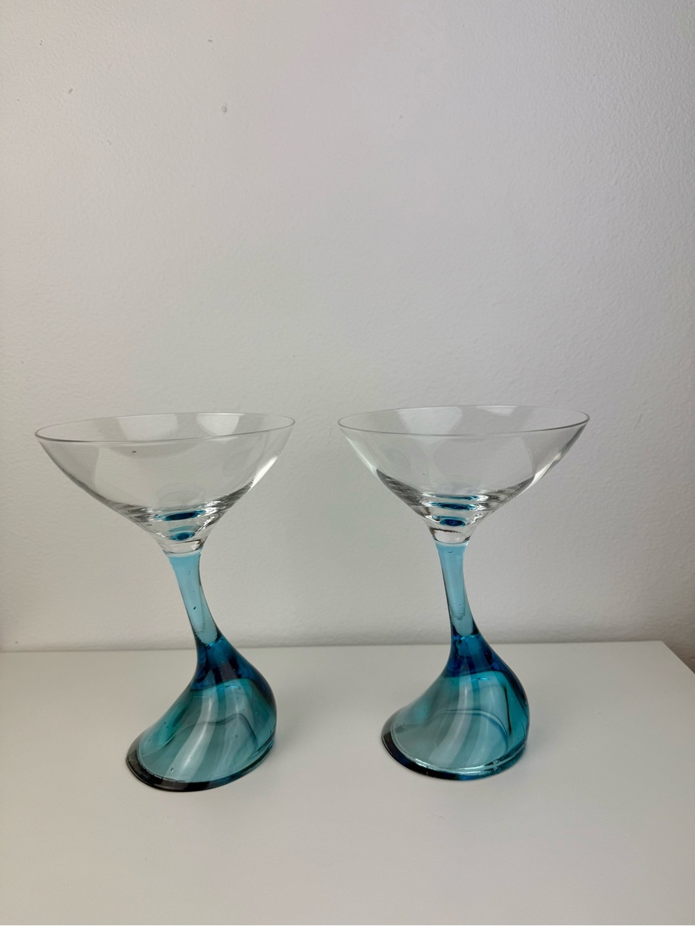 Surrealist Teal Blue Martini Glasses Sculptural Stem Set of 2